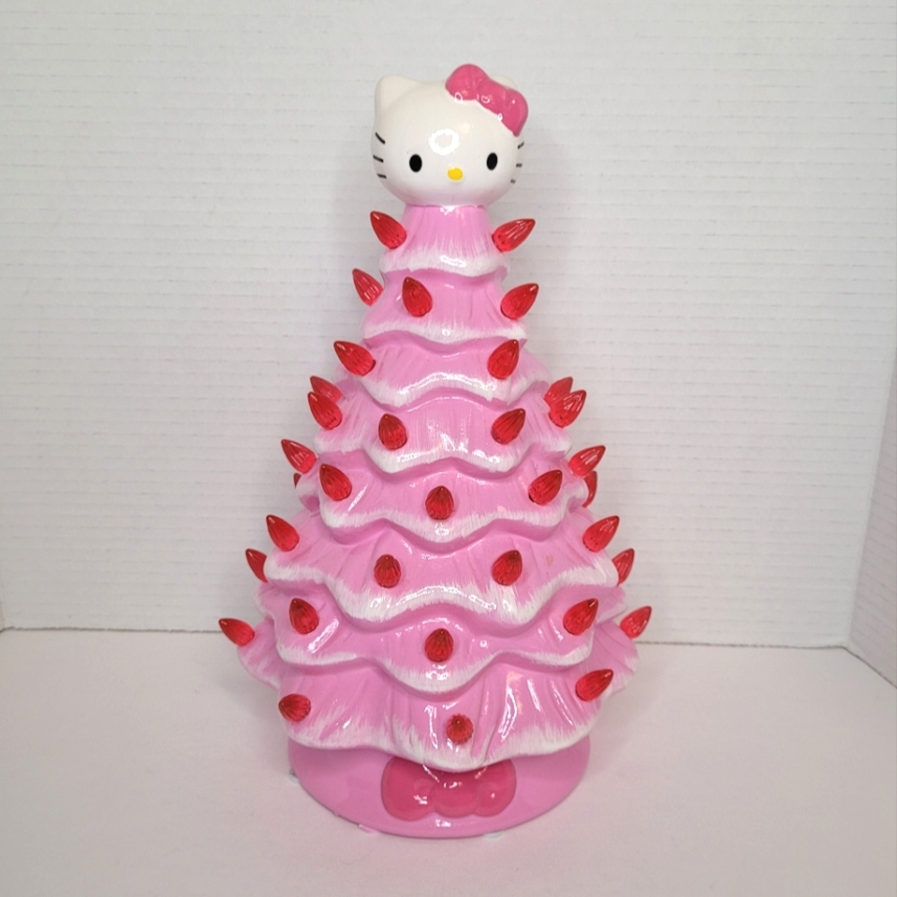 Hello Kitty Pink Ceramic Christmas Tree with Lights Large Size 11 Inches Tall